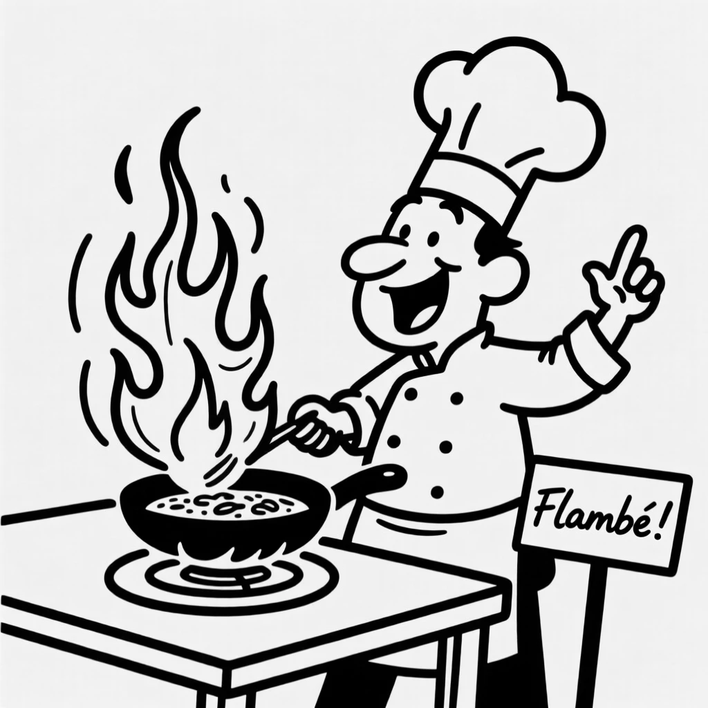 A chef flambeing a dish tableside, flames leaping dramatically.