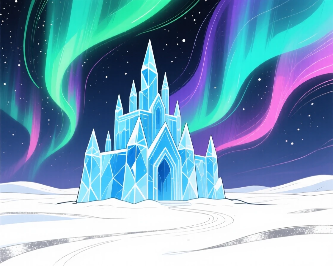 An ice palace glittering beneath the northern lights.