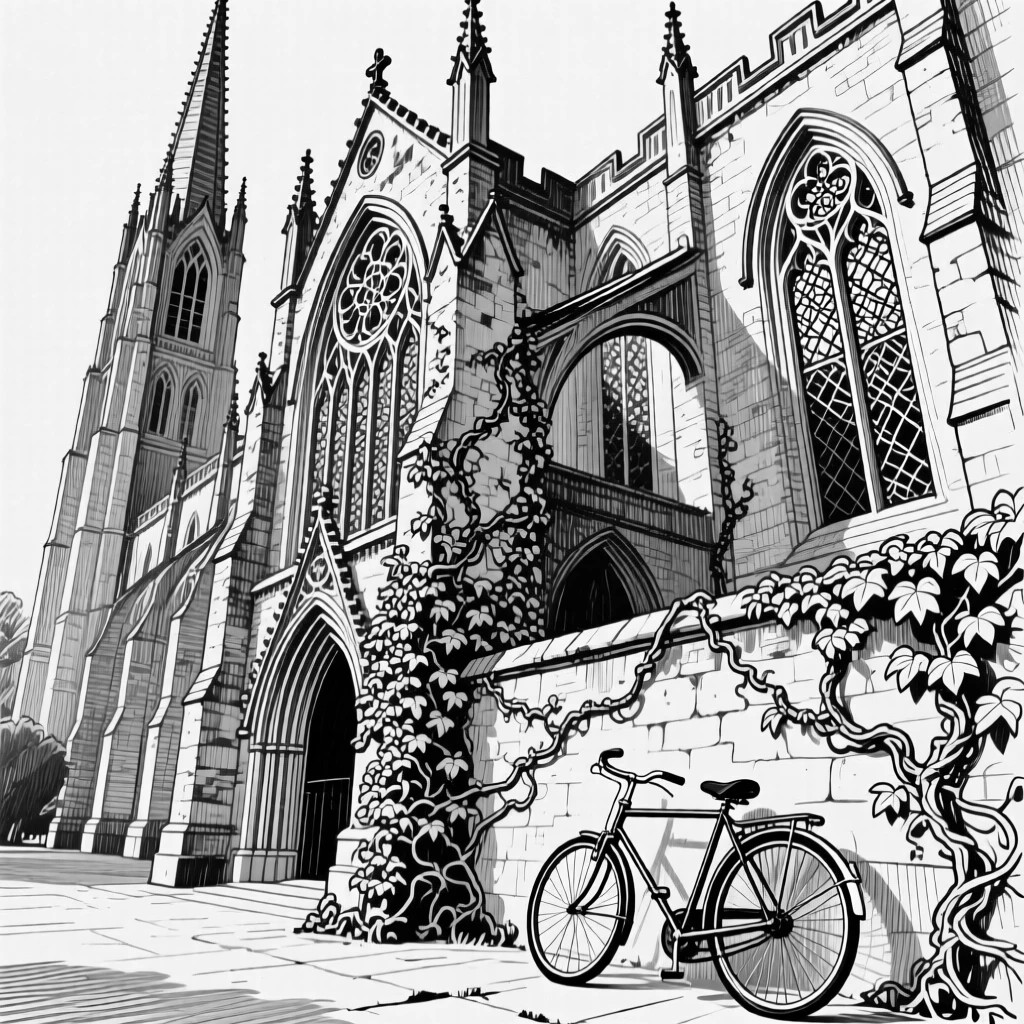 A grand gothic cathedral with ivy climbing its weathered walls, featuring a bicycle leaning against the wall, rendered in a cozy and inviting architectural composition.