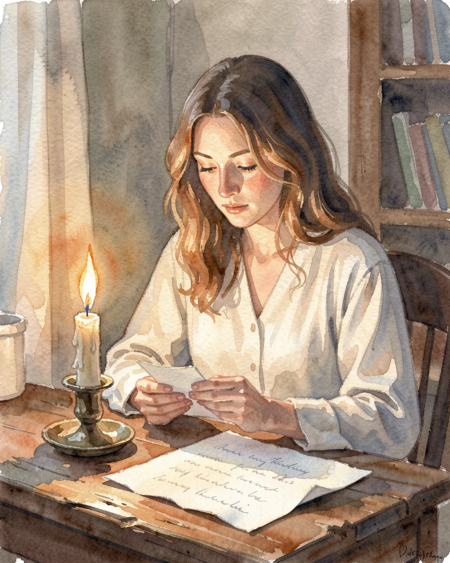 A woman reading a letter by candlelight surrounded by a warm and inviting setting.