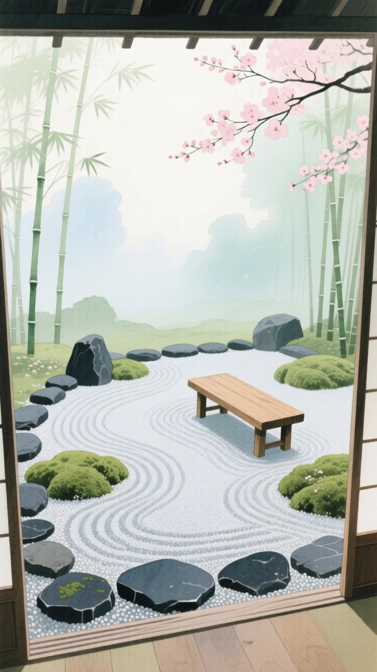 A serene view of a Zen garden courtyard, while mist drifts gently through the air, evoking calm and quiet reflection