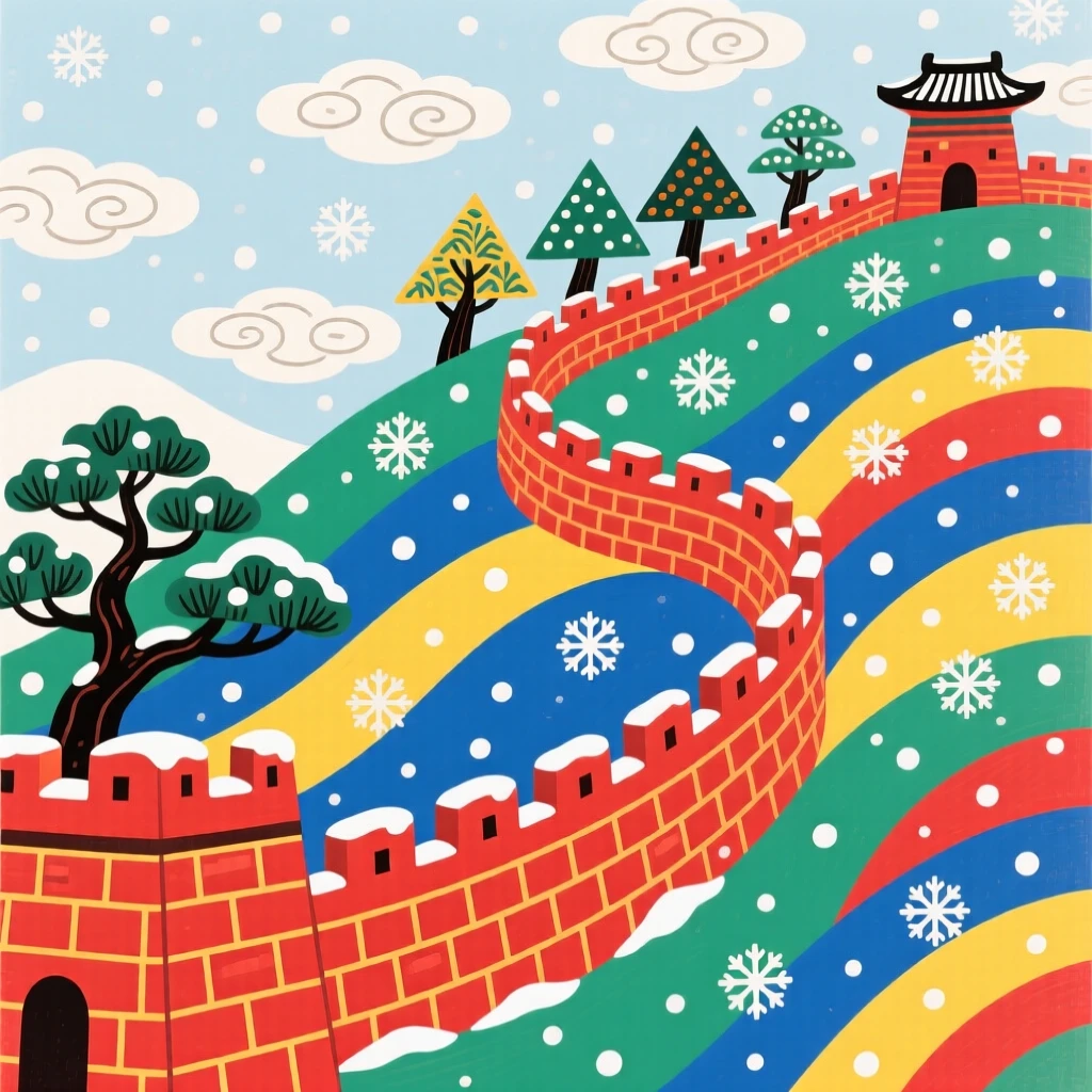 A view of a fortress wall winding along a ridge, during a gentle snowfall.