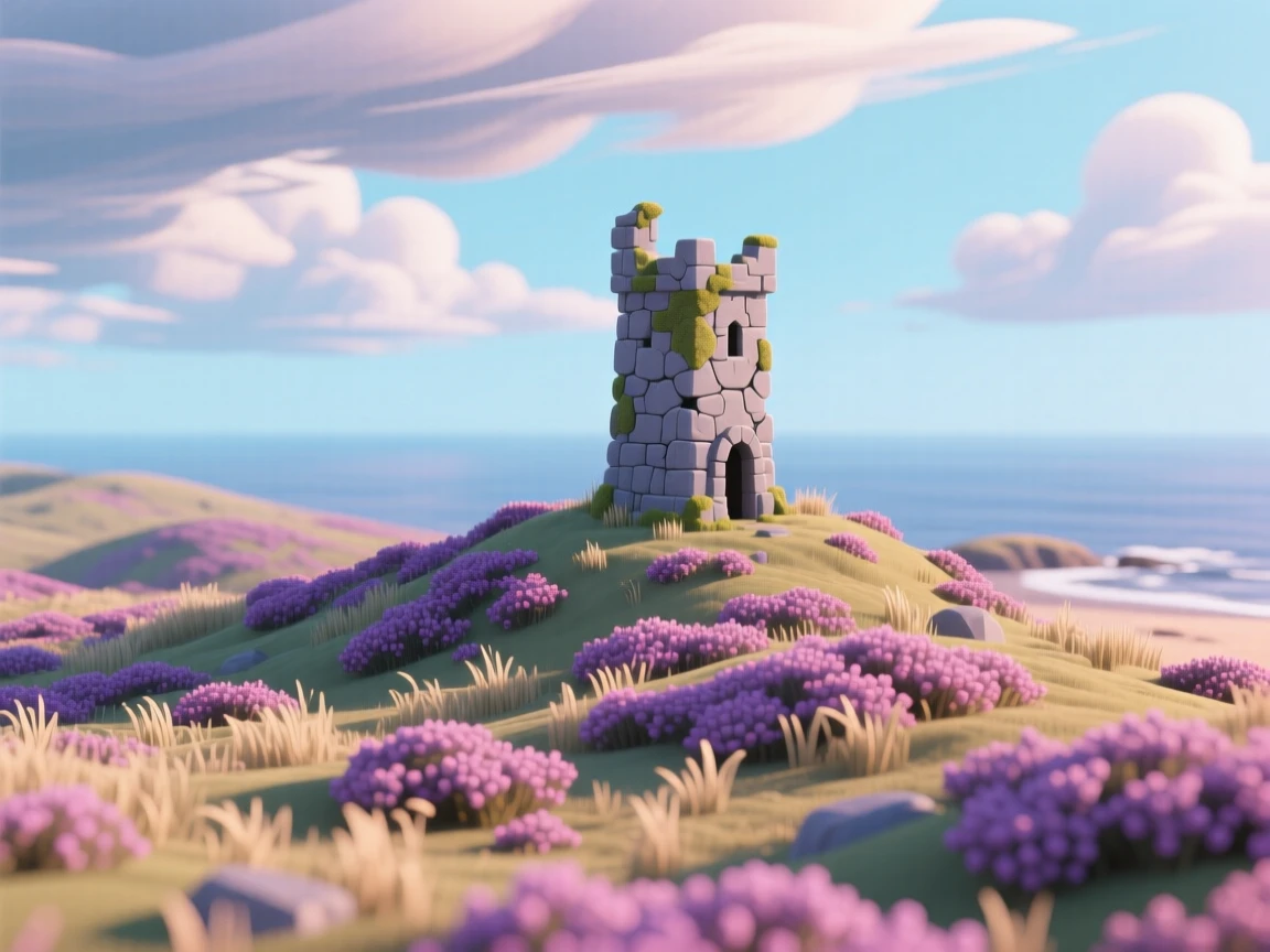 A windswept coastal moor with heather in bloom, a ruined stone tower on the horizon, and clouds racing across a dramatic sky.