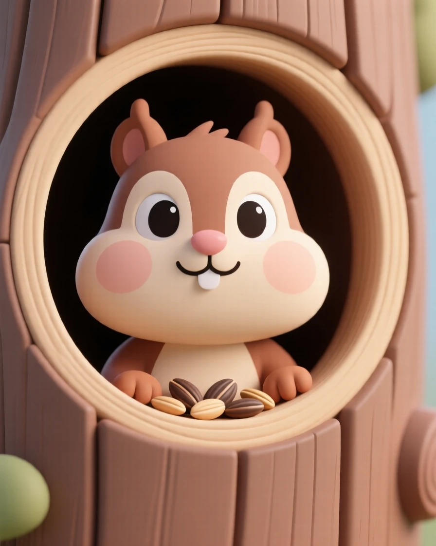 A curious chipmunk peeks out from a hollow log, cheeks bulging with freshly gathered seeds.