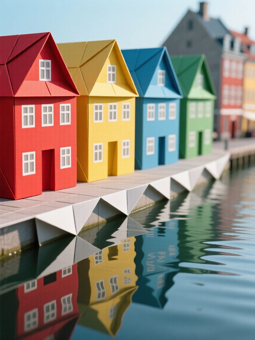 A row of colorful houses along Copenhagen's Nyhavn canal reflected in still water.
