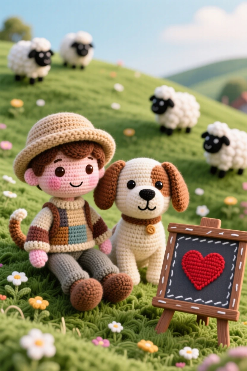 a young shepherd with his dog, sitting together on a grassy hillside, watching the sunset over the flock, in a quiet countryside cottage garden, with a small chalkboard sign with a hand-drawn heart nearby, conveying comforting familiarity and small-town charm.