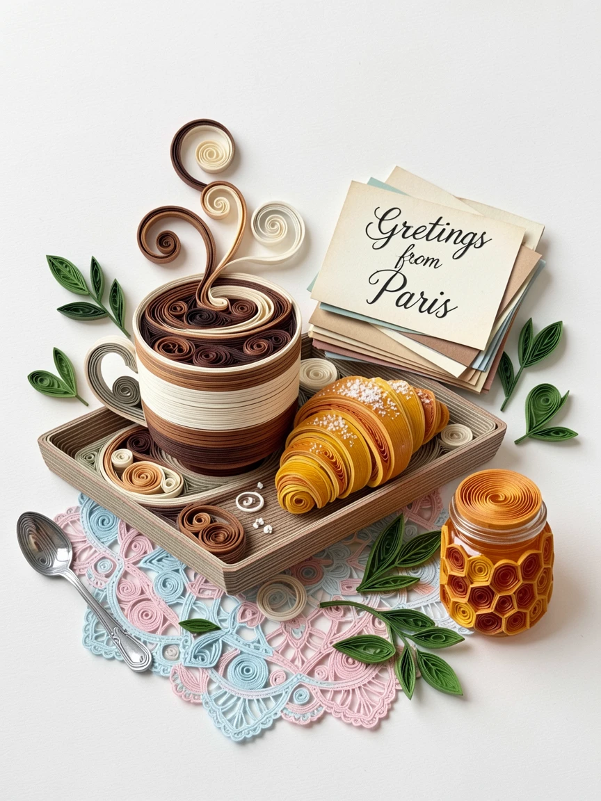 A cozy still life of a steaming cup of coffee beside a flaky croissant on a tray beside a stack of vintage postcards, with a light dusting of powdered sugar, arranged with complementary props scattered around.