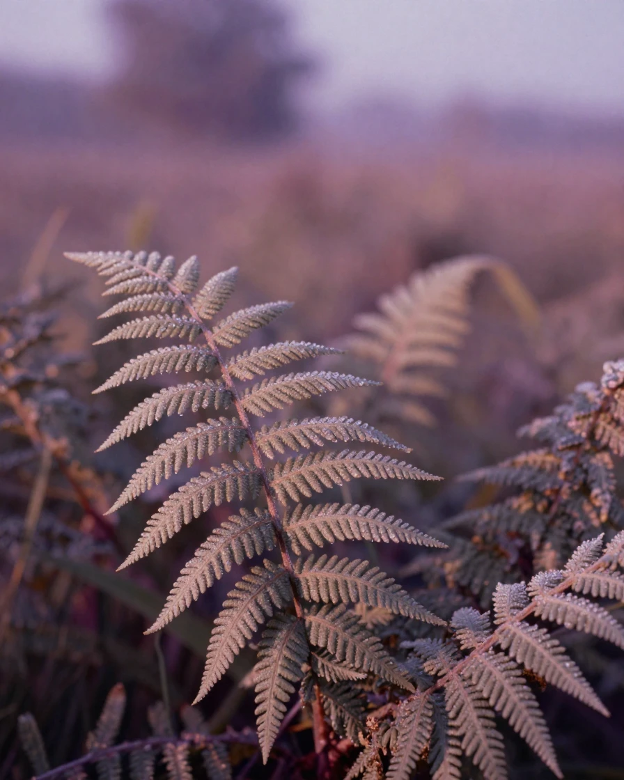 A close-up of morning dew clinging to a fern frond, in low lamplight, on a clear, cloudless day, in early spring, in dusty lavender and rose tones, from a wide establishing view.