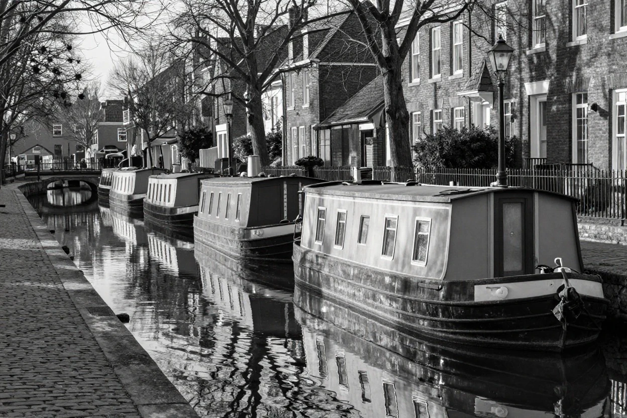 A row of houseboats floats along a quiet canal in a historic canal district.