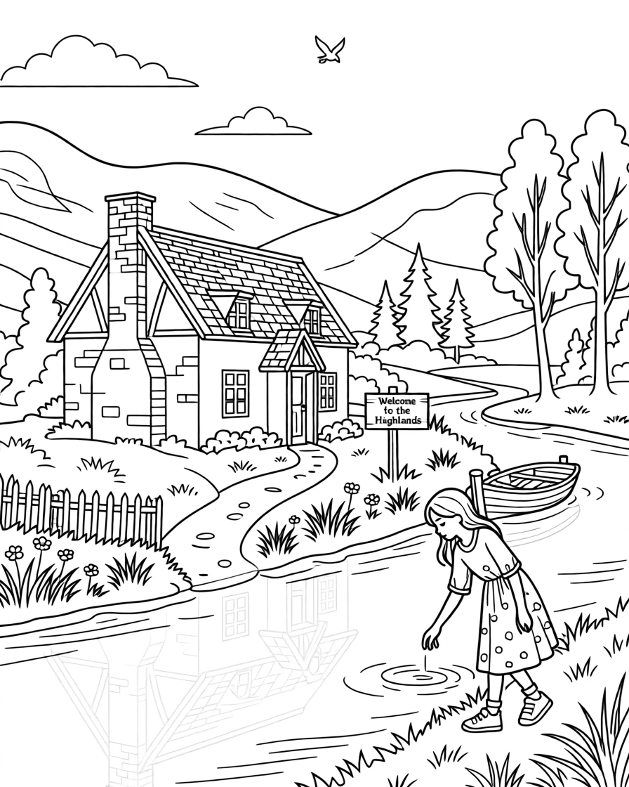 A rustic cottage nestled in the Scottish highlands, with a river reflecting the surrounding architecture.
