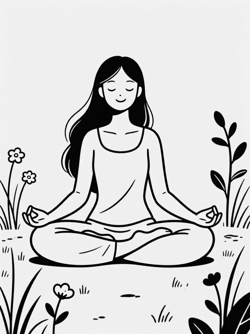 A woman meditating cross-legged in a garden