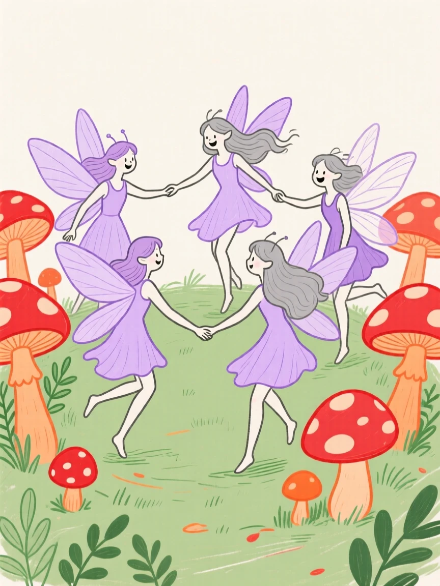 A group of woodland fairies dancing in a ring of mushrooms.