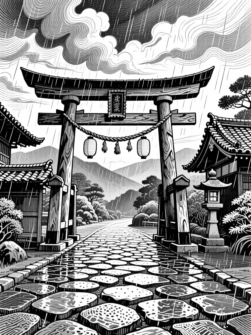 A traditional japanese temple gate under a dramatic sky, featuring cobblestones glistening after rain, rendered in a peacefully picturesque architectural composition.