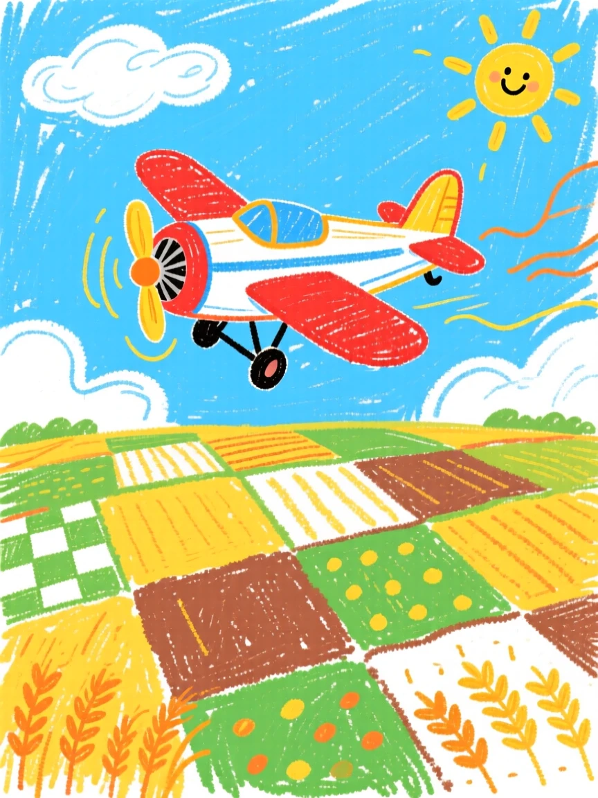 A small propeller plane flying low over patchwork farmland.