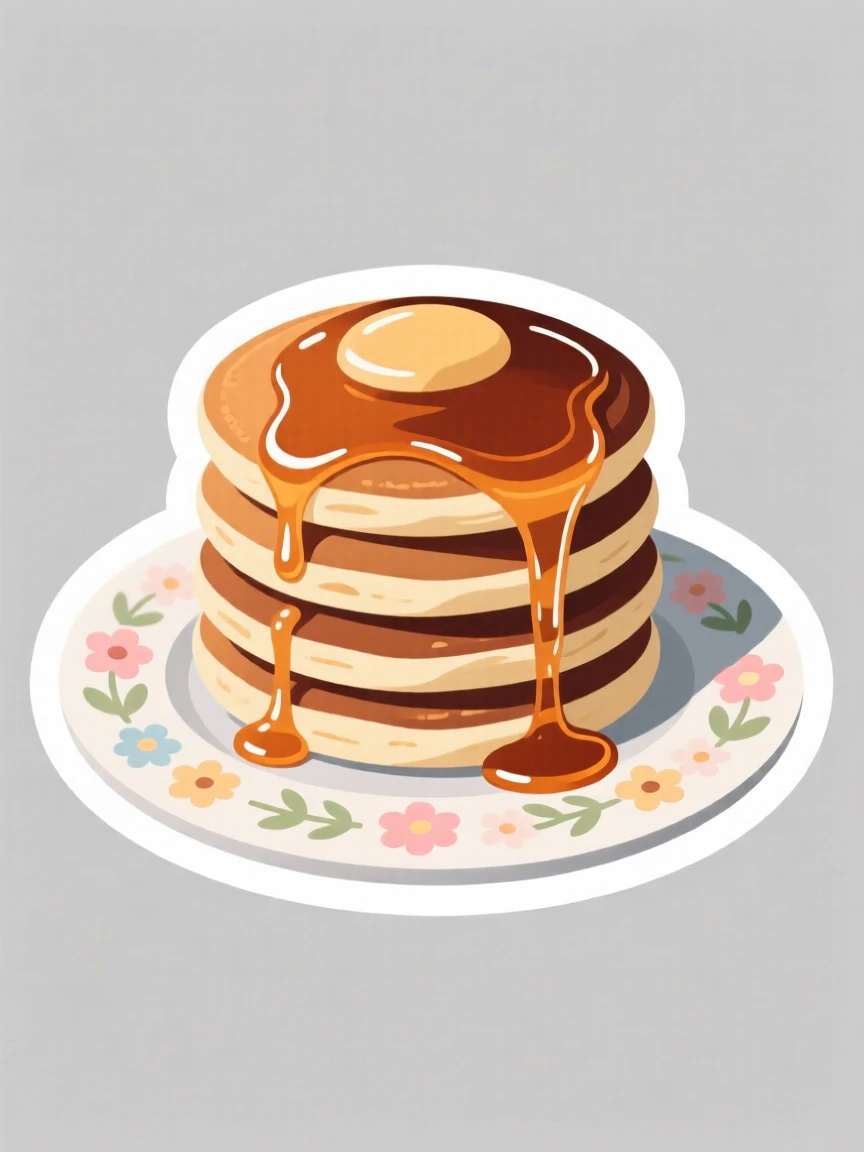 A fresh and juicy stack of fluffy pancakes with syrup dripping down, placed on a floral patterned plate, during a relaxing afternoon tea break.