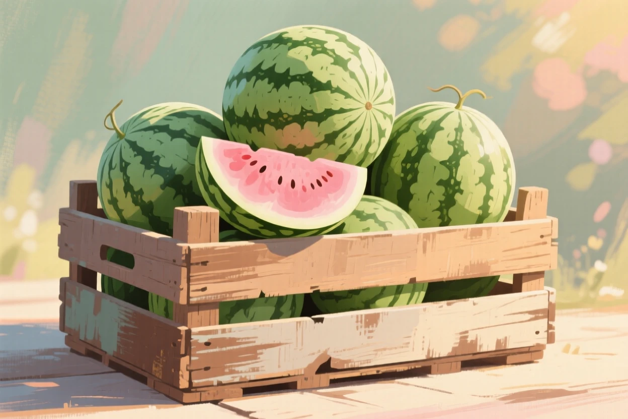 A rustic crate stacked with ripe watermelons
