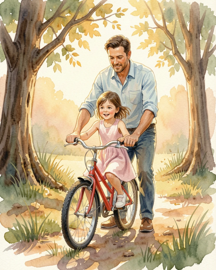 A father teaching his daughter to ride a bicycle as golden light bathes the scene.