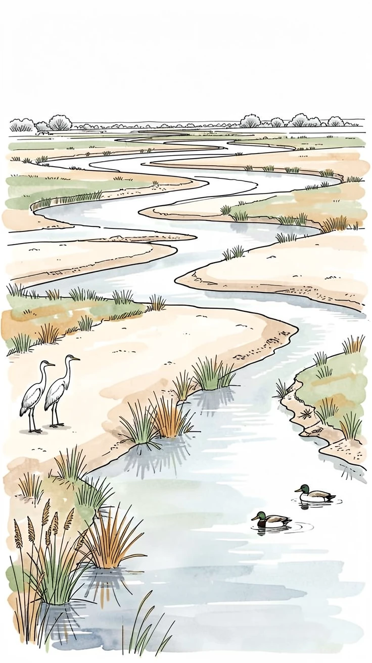 A wide river delta braided with sandbars at low tide, wildlife moving quietly at the edges of the scene.