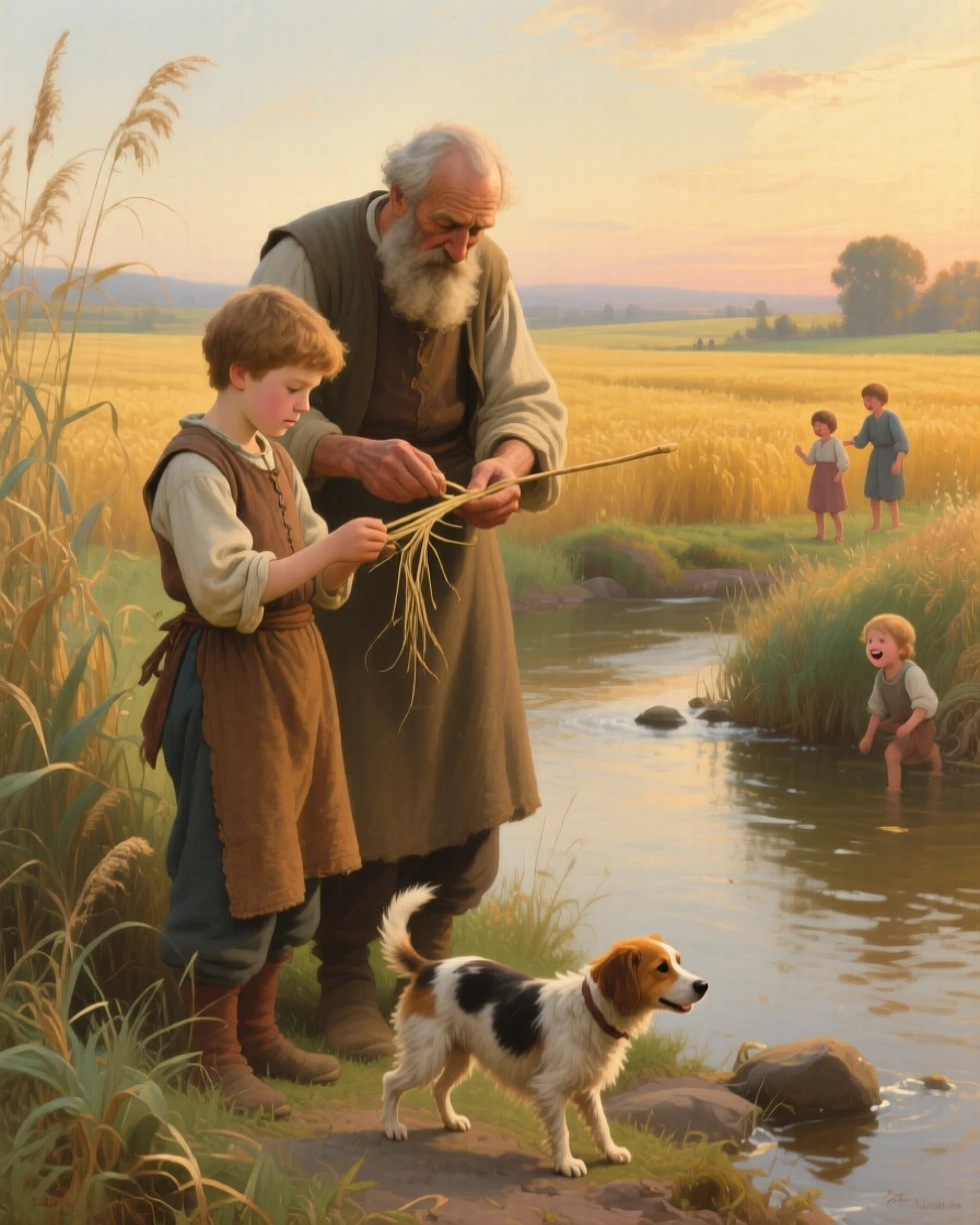 A young apprentice learning the trade from a patient craftsman as ordinary labor takes on unexpected grace, set beside a quiet stream at the edge of golden fields, with children's laughter and a stray dog weaving underfoot; warm natural light elevates a humble scene into something timeless, capturing the timeless rhythm of rural and village life.