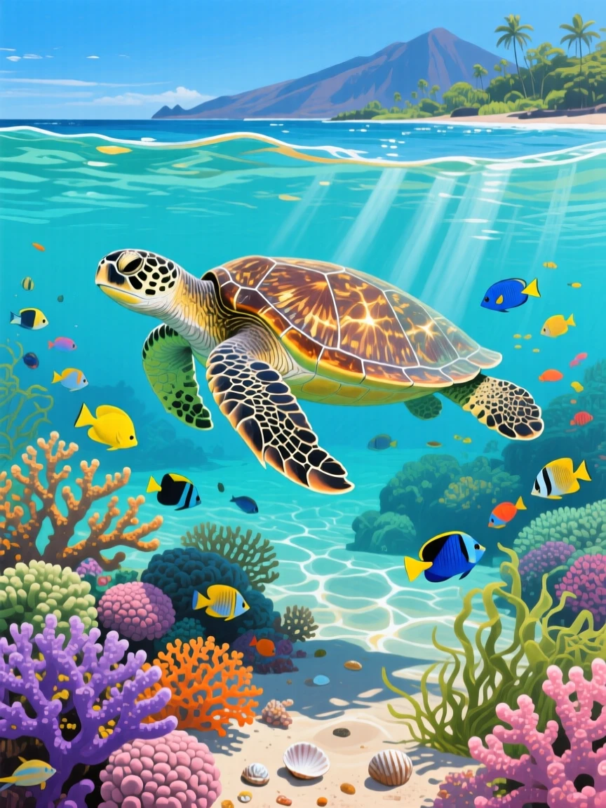A sea turtle glides gracefully over a coral reef in Hawaii, sunlight dappling its shell as small fish dart around it in the clear turquoise water, the surrounding habitat rendered in enough detail to suggest a specific time and place.