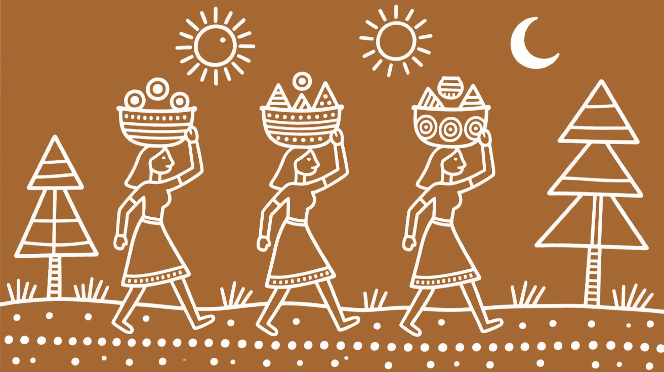 Pongal celebrated with women carrying decorated offerings on their heads.