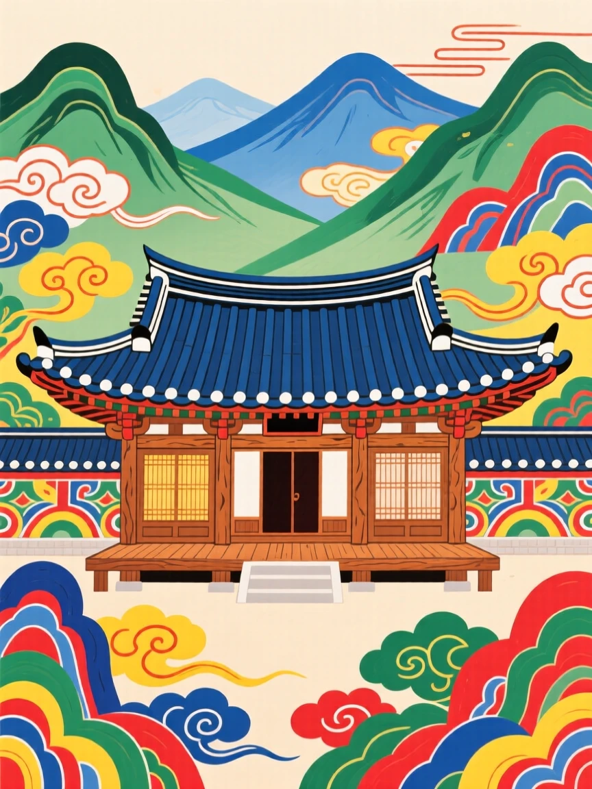 A traditional wooden palace hall with curved eaves nestled among distant mountains.