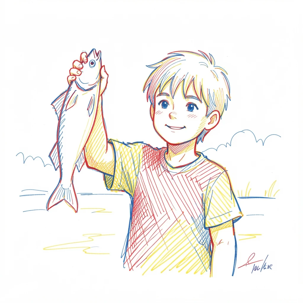 A young boy proudly showing off a fish he just caught