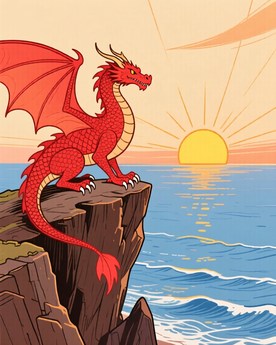 A dragon perched on a cliff watching a sunrise over the sea.