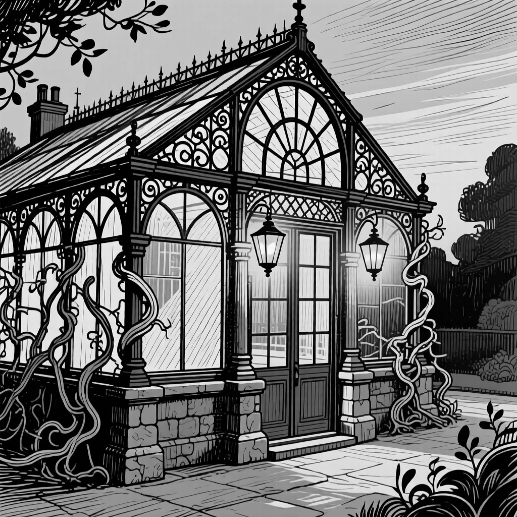 A victorian greenhouse conservatory with lanterns beginning to glow at dusk, featuring climbing vines softening the stonework, rendered in a warmly nostalgic architectural composition.