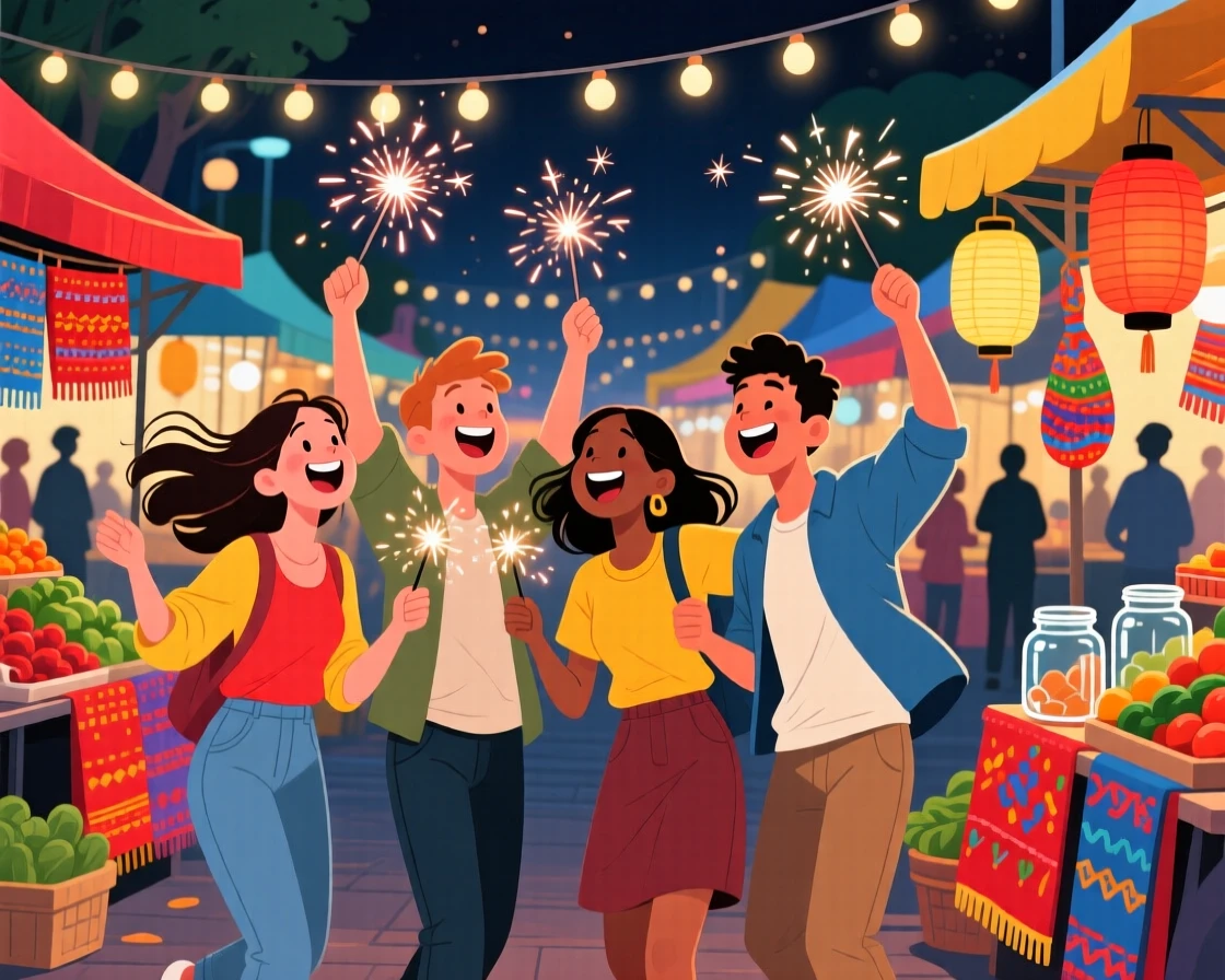 A group of friends celebrating with sparklers at night, in a lively outdoor market bustling with color, framed with warm, natural lighting highlighting genuine emotion, with small joyful details like flying hair or bright laughter.