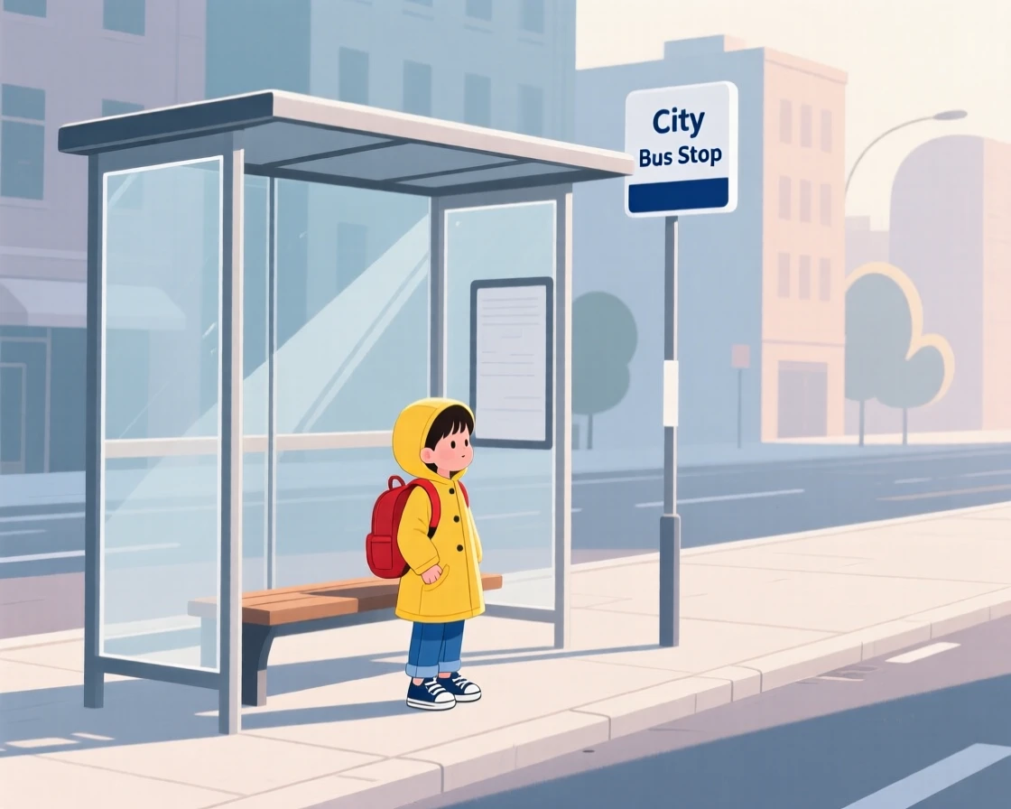 A small child waiting at a bus stop on a quiet weekday morning in the city.