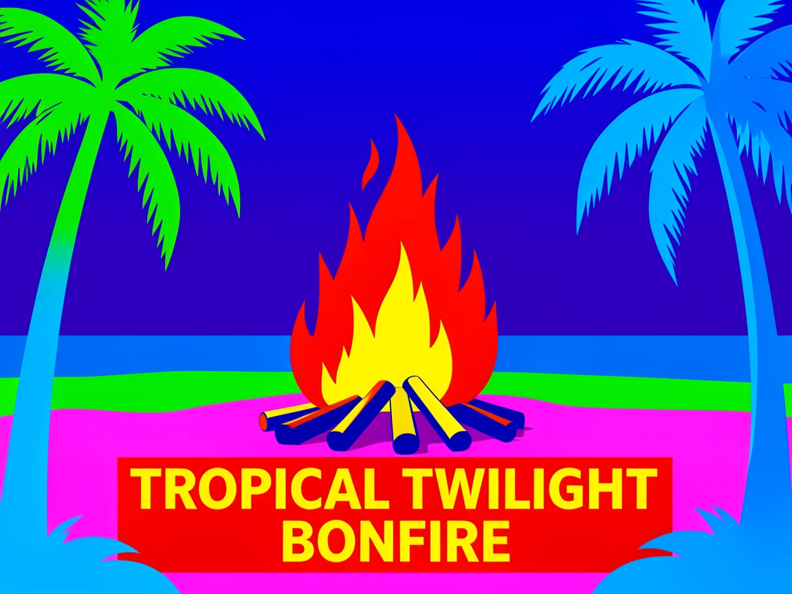 Tropical beach bonfire at twilight