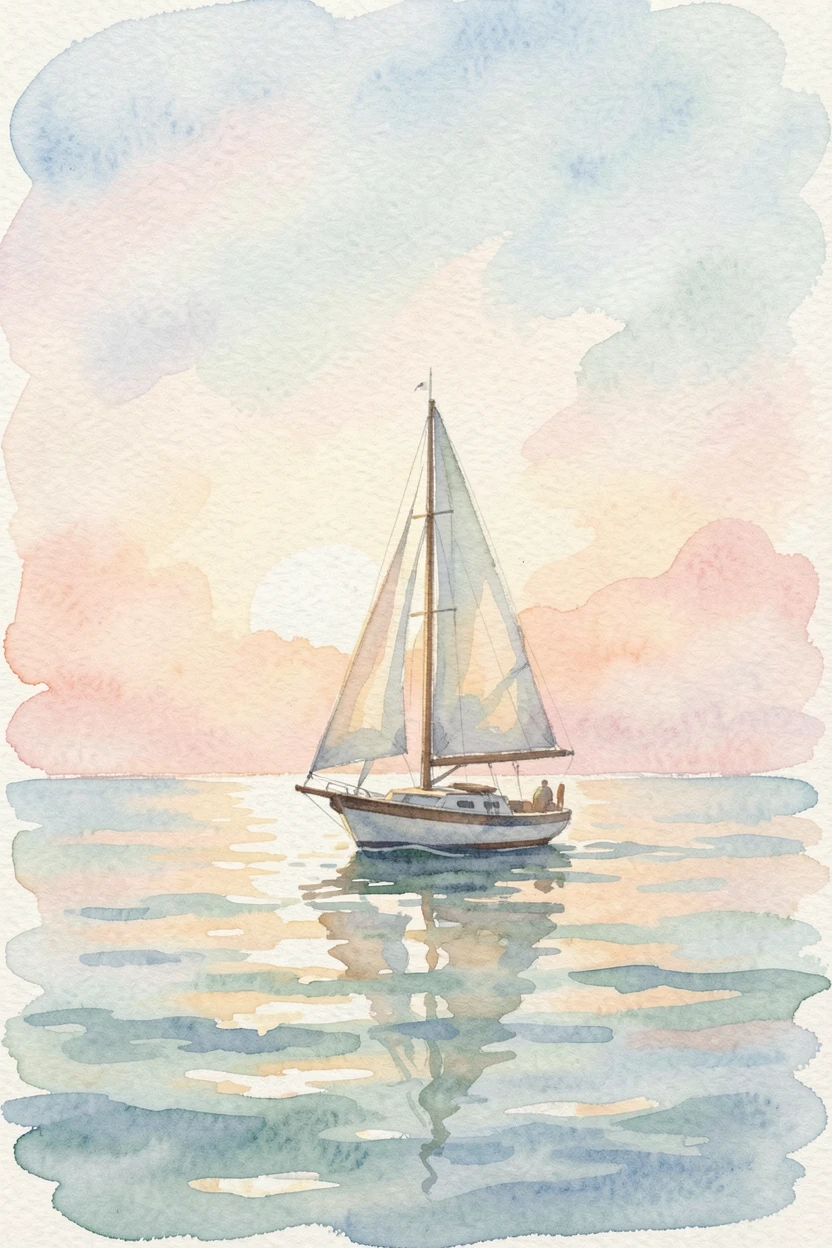A single sailboat drifting on a calm, glassy sea in a moment of quiet reflection.