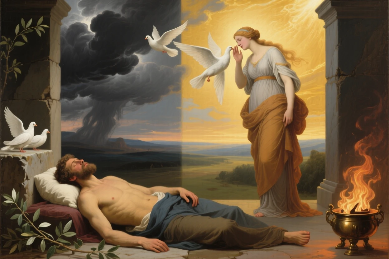 The muse of poetry whispering inspiration to a sleeping artist at the threshold between the mortal and the eternal, set beneath a sky divided between storm and radiant light, with doves, olive branches, or flames rendered as carriers of deeper meaning; the composition balances opposing symbolic elements on either side of the central figure, radiating timeless wisdom and moral clarity.