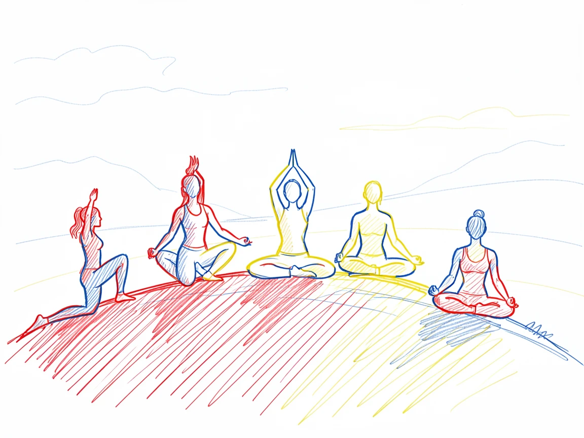 A group of yoga practitioners in silhouette at sunrise on a hilltop