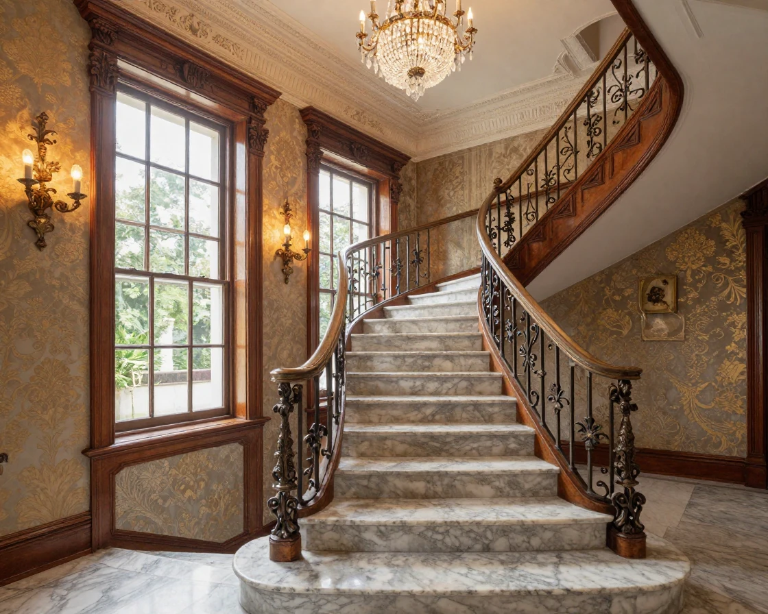 A grand marble staircase in a historic mansion