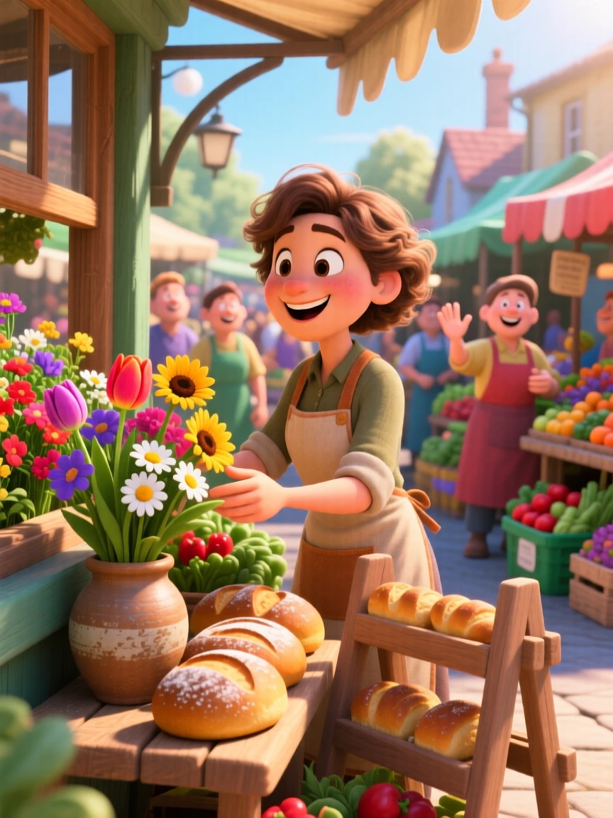 A shopkeeper arranging fresh flowers in a window display is captured at a sunny farmers market bustling with vendors, with fresh bread cooling on a nearby rack. A simple contentment radiates through the scene.