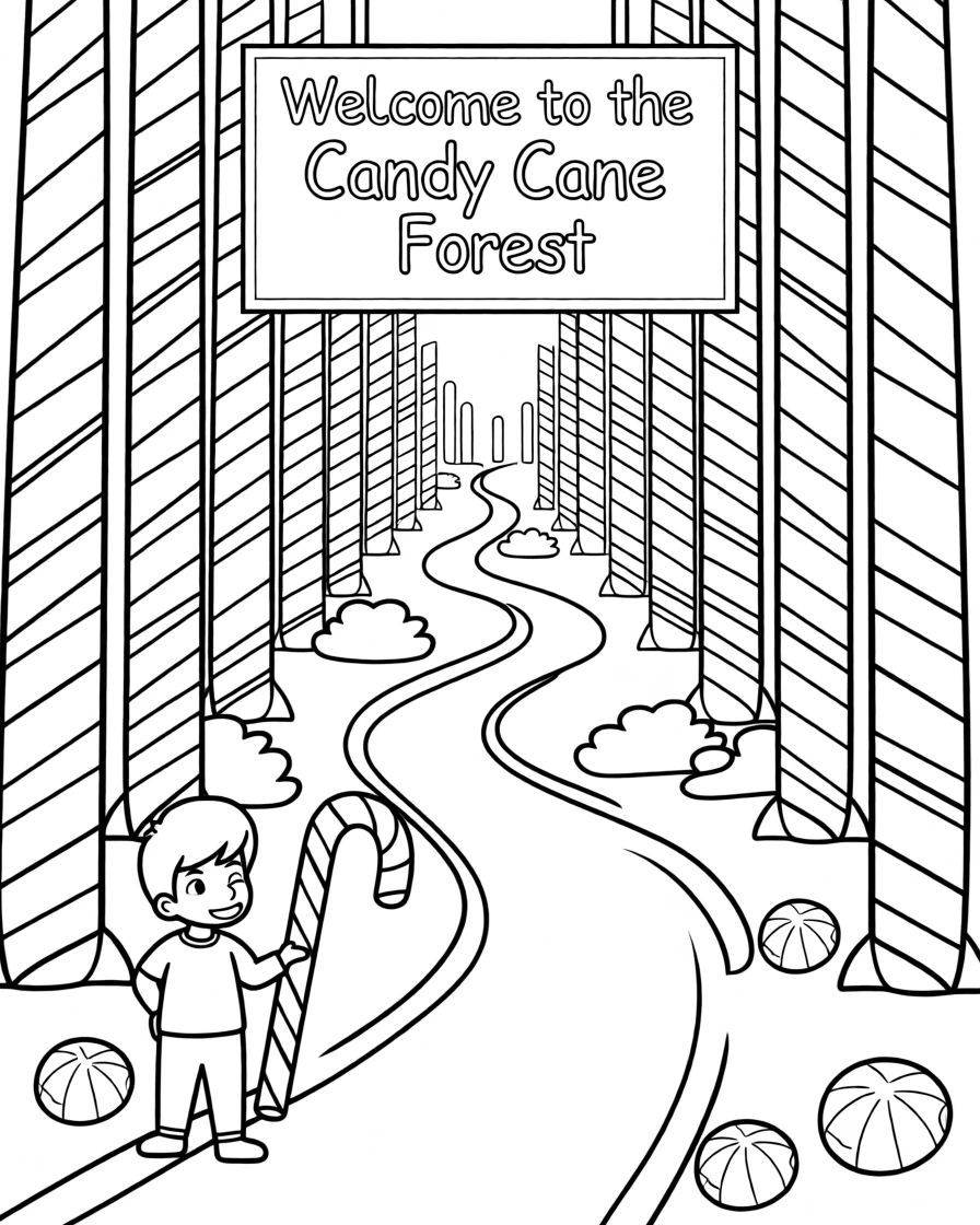 A candy cane forest with striped trees and a path