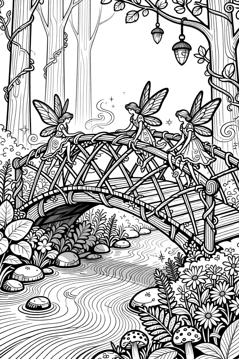 A fairy bridge made of woven vines spanning a babbling brook.