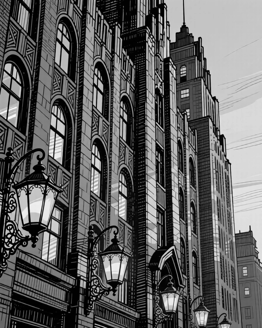 An art deco skyscraper facade with lanterns beginning to glow at dusk, featuring arched windows catching the light, rendered in a rich with history architectural composition.