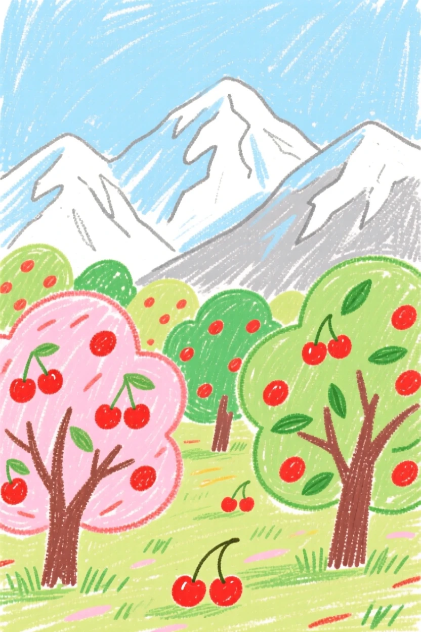 A view of a cherry orchard framed by distant snow capped mountains.