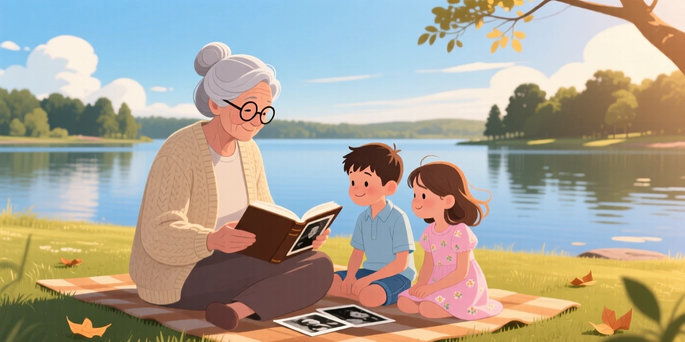 A grandmother sharing old photographs with her grandchildren, beside a calm lake reflecting the sky, arranged with balanced framing that feels warm and inviting, with a sense of warmth and togetherness in every detail.