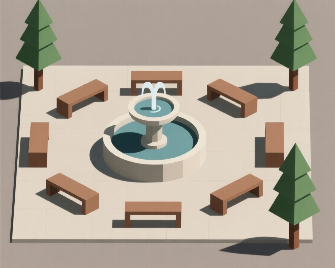 A quiet plaza with a fountain at its center
