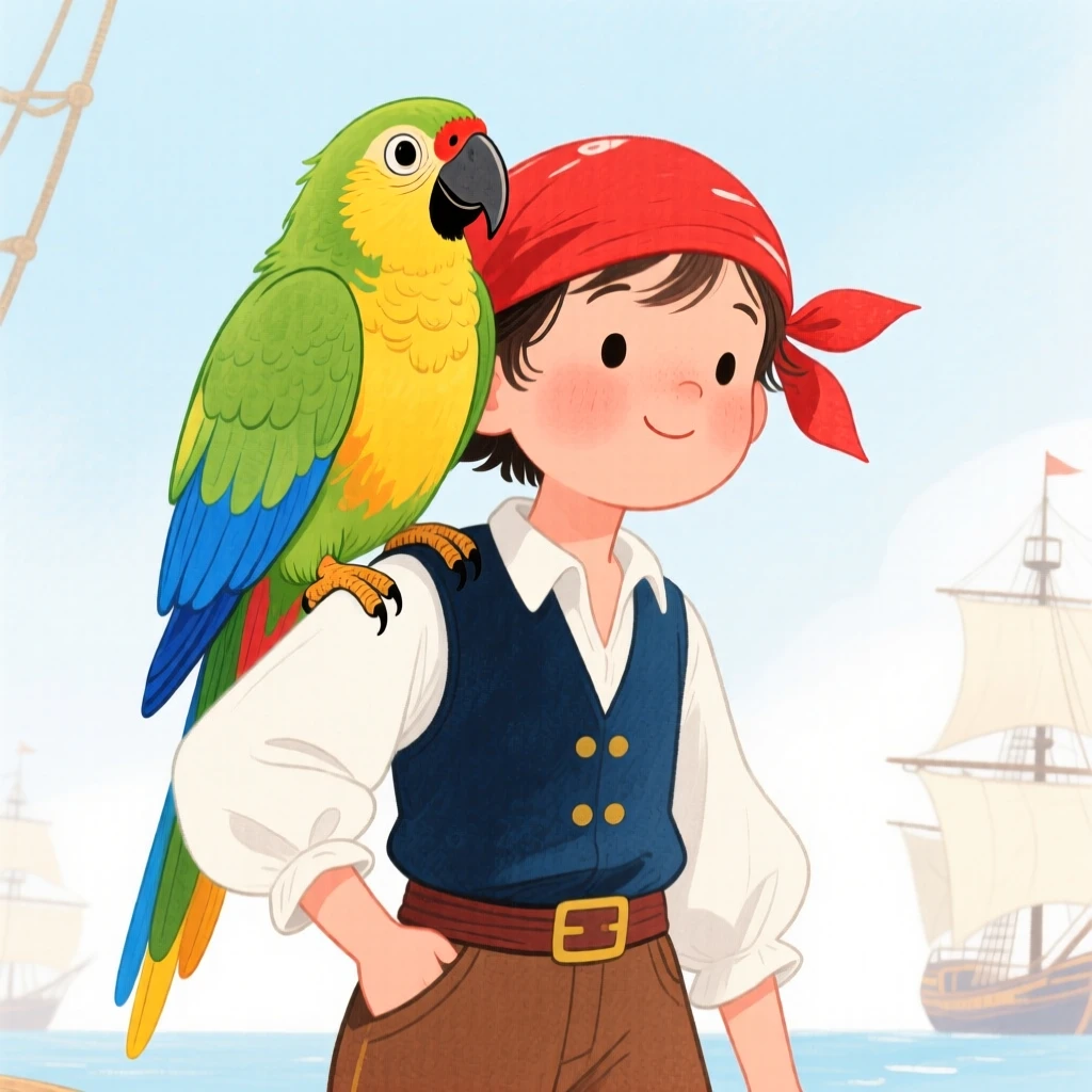 A thrilling glimpse of a parrot perched on the shoulder of a young pirate captain.