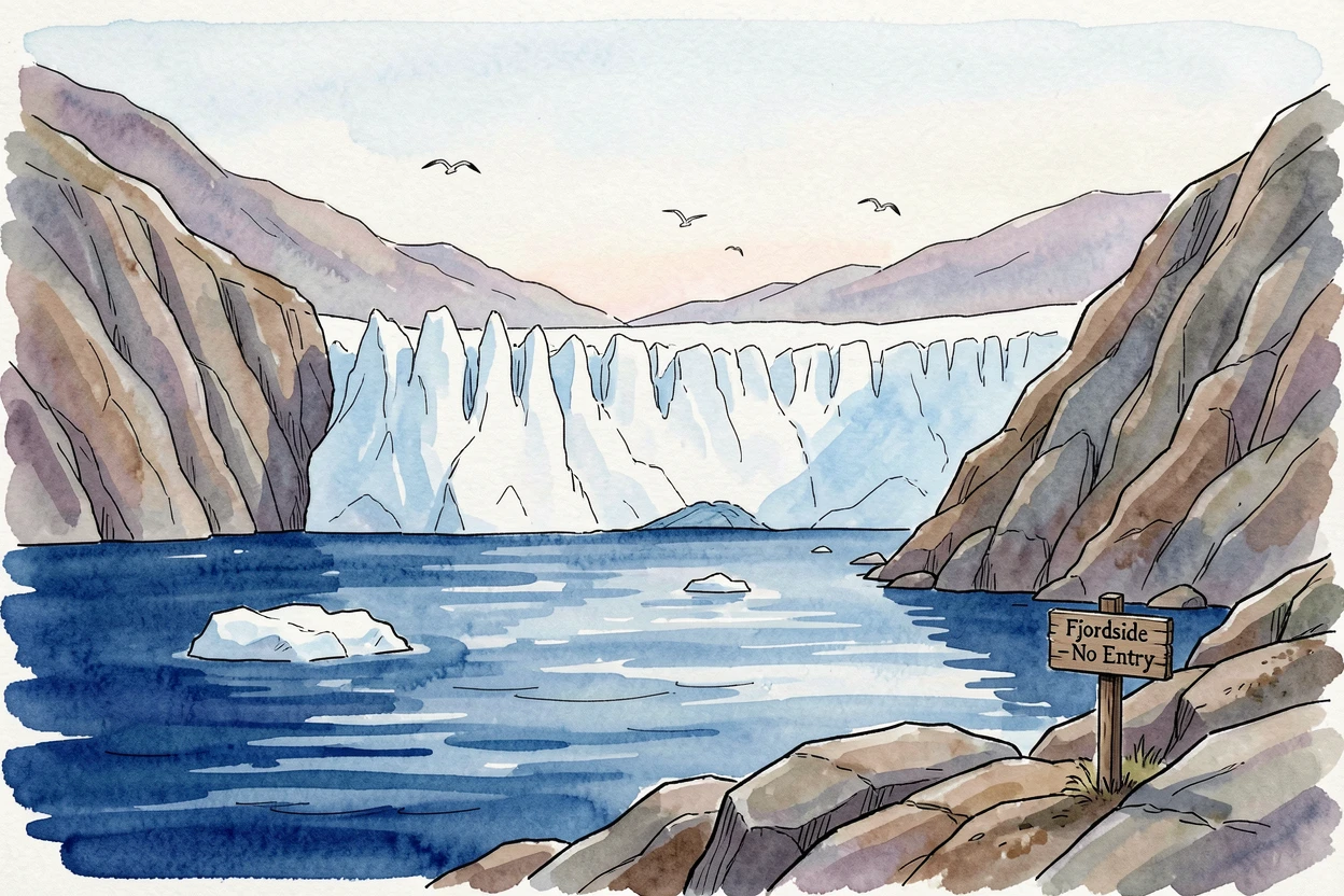 A remote glacier calving into a deep blue fjord, birdsong drifting through the stillness of early morning.