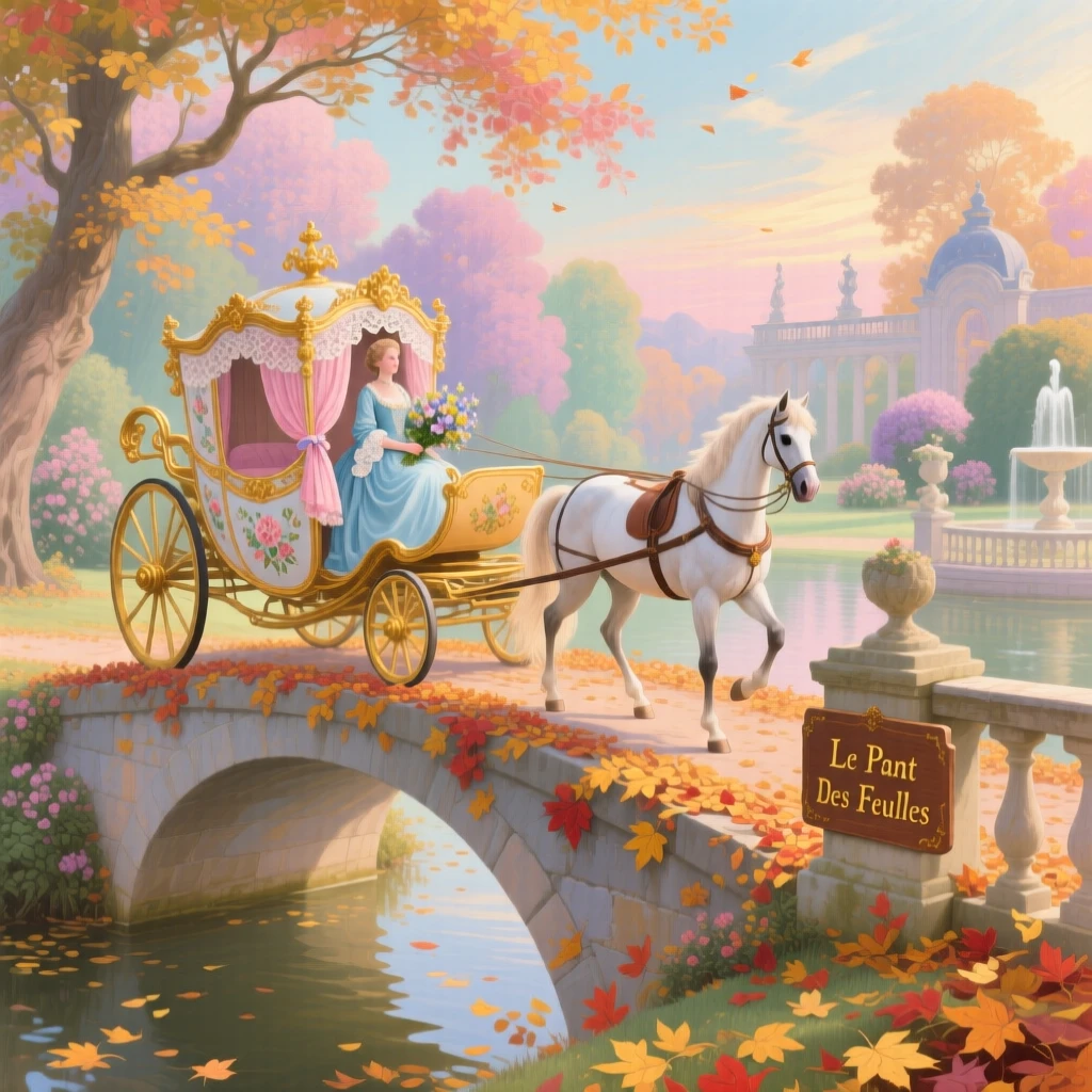 An autumn carriage crossing a leaf-covered stone bridge  