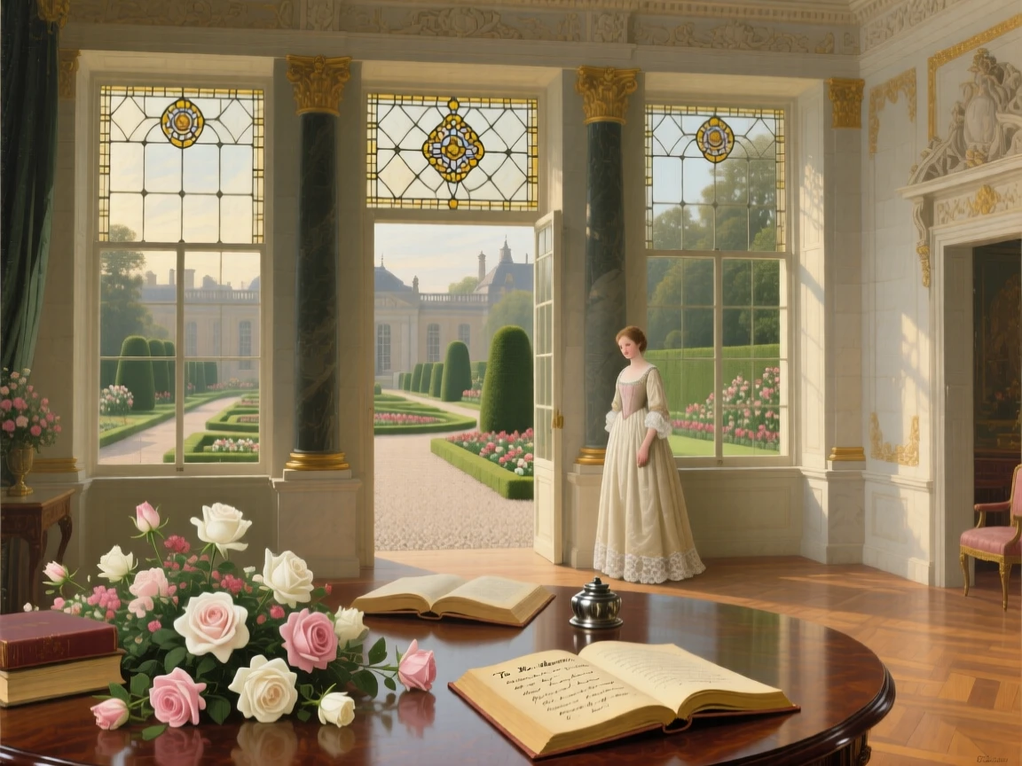 A palace garden pavilion overlooking manicured terraces catching the first light of morning through tall windows, set within a royal residence steeped in history, with fresh flowers, open books, and half-finished correspondence scattered about; a lone figure or object provides scale against the soaring architecture, radiating history, refinement, and permanence.