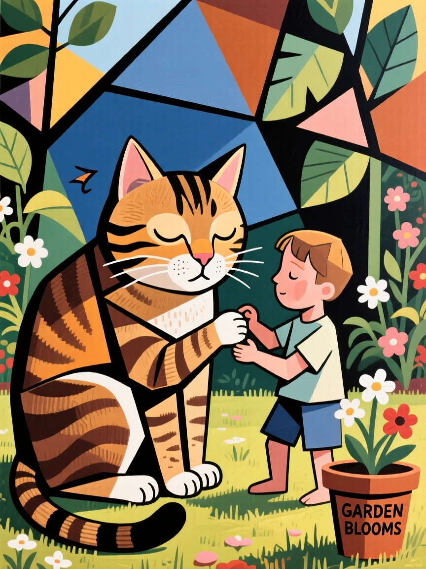 A charming close-up of a sleepy tabby cat playing with a child in a garden on a bright afternoon.