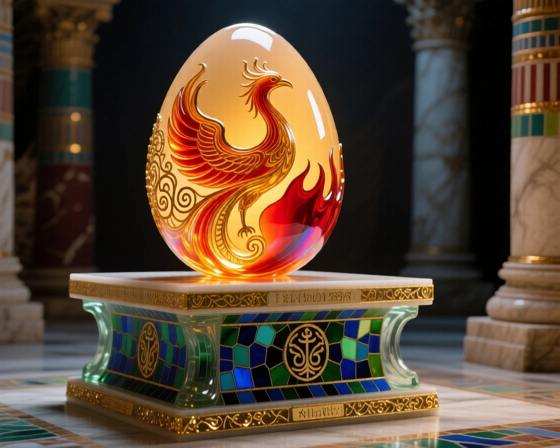A phoenix egg glowing atop an altar in an ancient temple, sacred and mysterious.