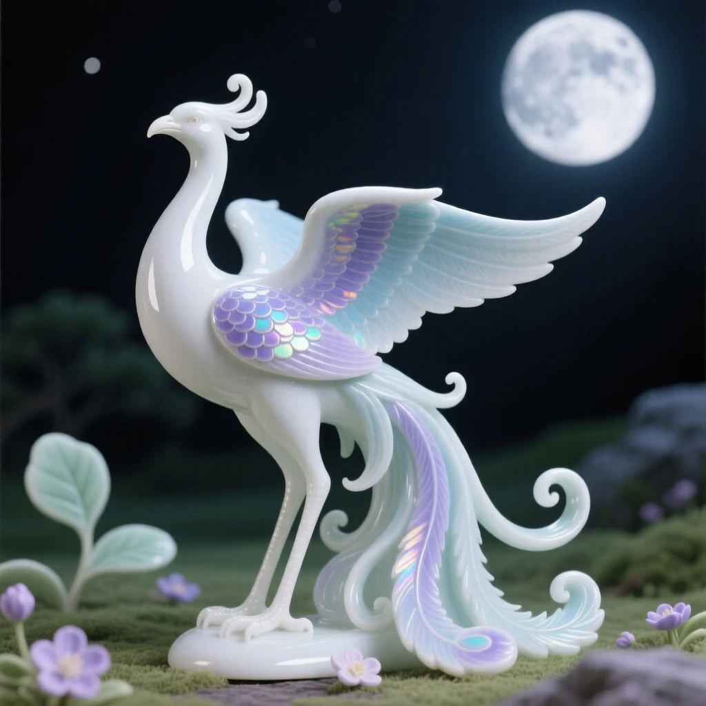 A majestic phoenix standing in a moonlit glade, scales shimmering with iridescent color.